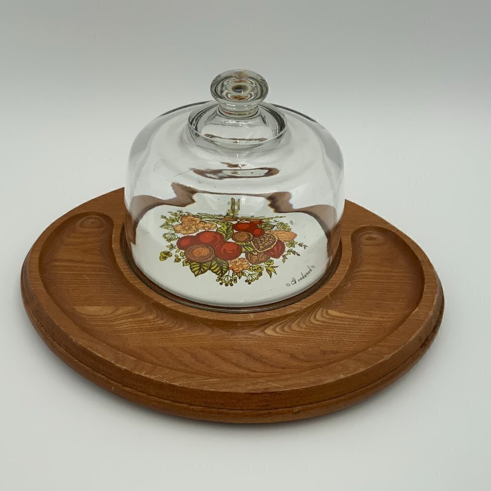 Vintage Wooden Goodwood Cheese Tray w/ Glass Cloche Made in Japan